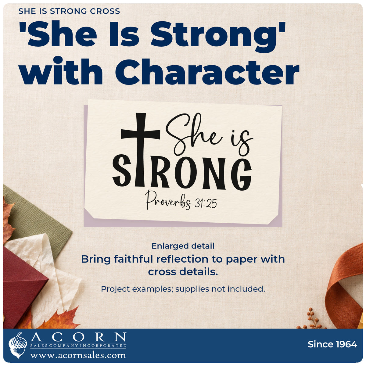 Enlarged detail of the She Is Strong Cross PSI Pre-Inked Stamp imprint. A large cross forms part of "She is strong," with Proverbs 31:25 beneath.