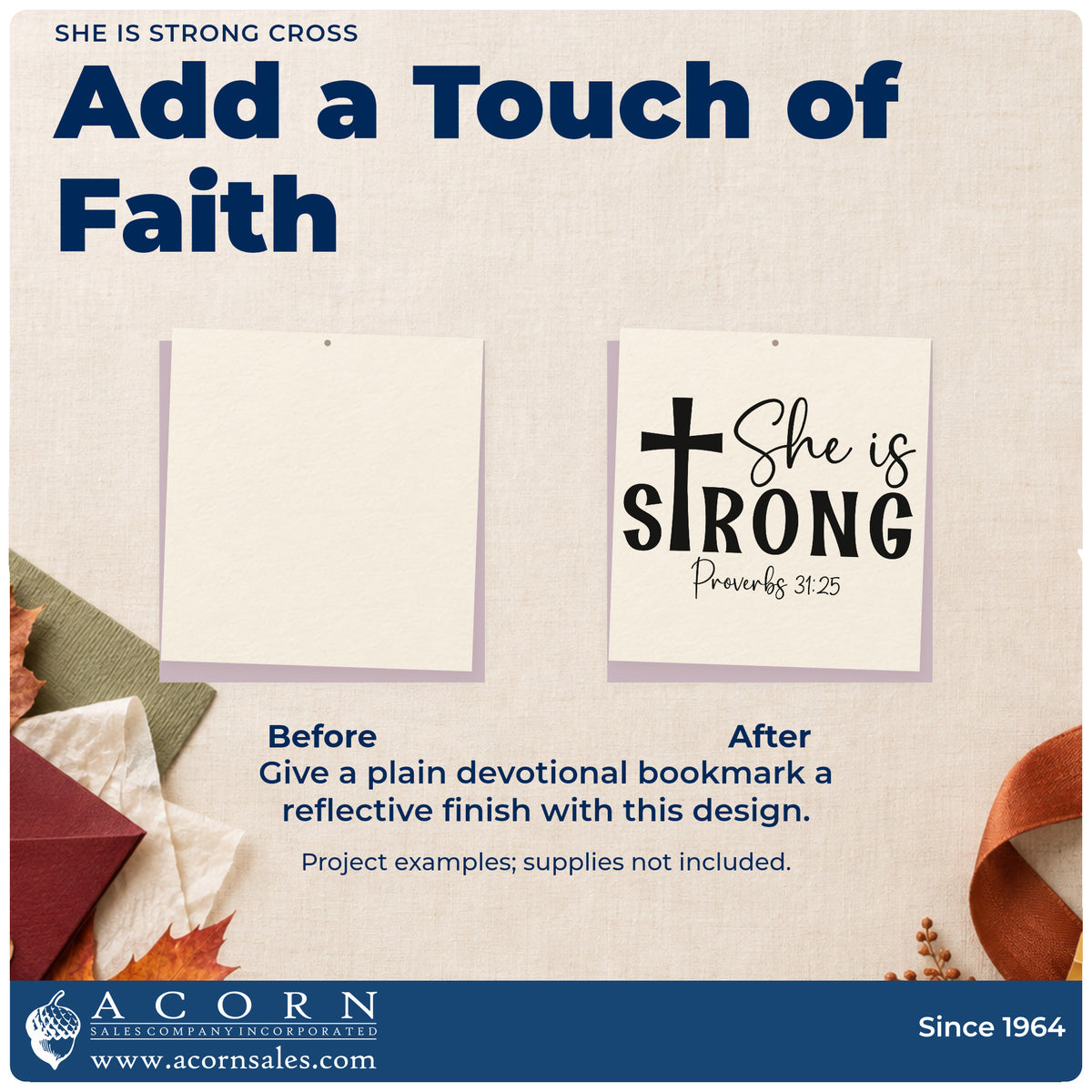 Before and after of a plain item finished with the She Is Strong Cross Premium Wooden Stamp - Vintage Pro, a quick upgrade for women's retreat tees.