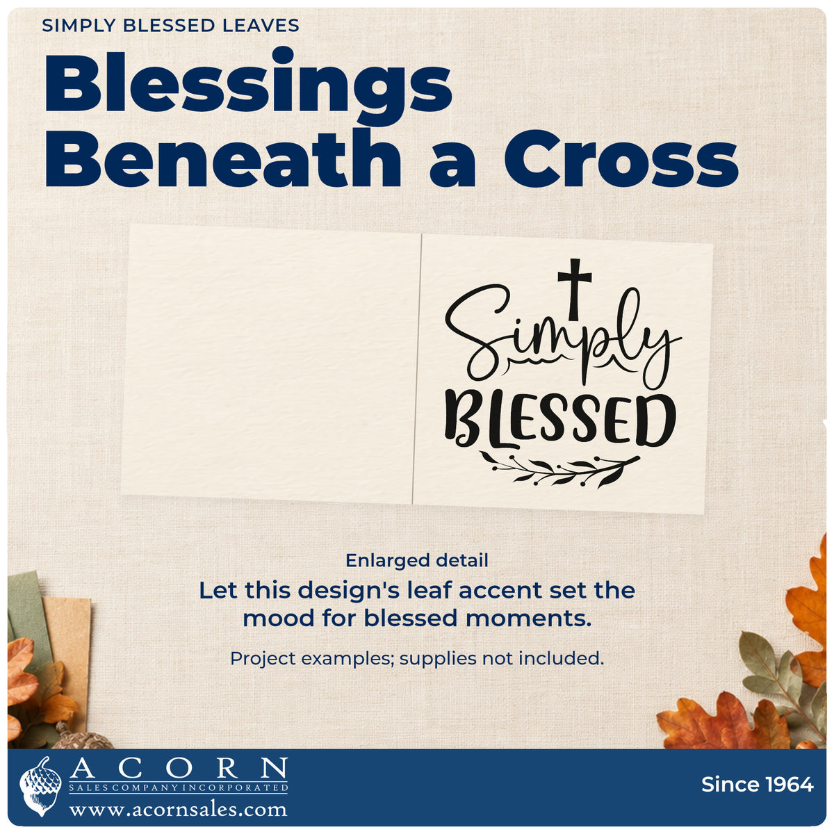 Enlarged detail of the PSI Pre-Inked Simply Blessed With Cross Stamp imprint. A small cross tops "Simply blessed" above a leafy flourish.