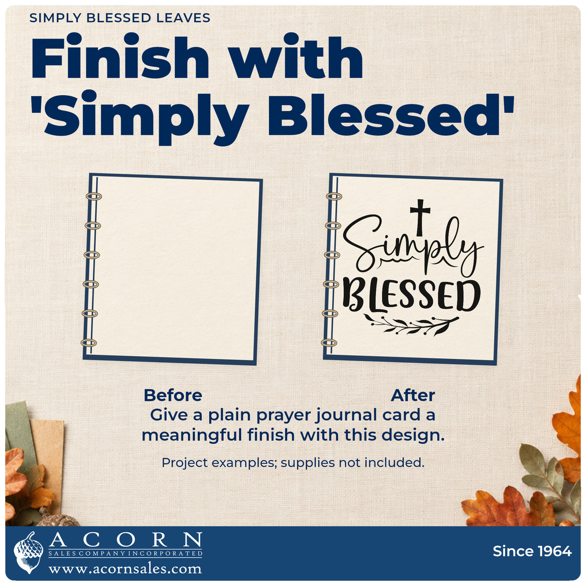Before and after of a plain item finished with the Simply Blessed With Cross Rubber Stamp – Wood Handle, a quick upgrade for farmhouse wall art.