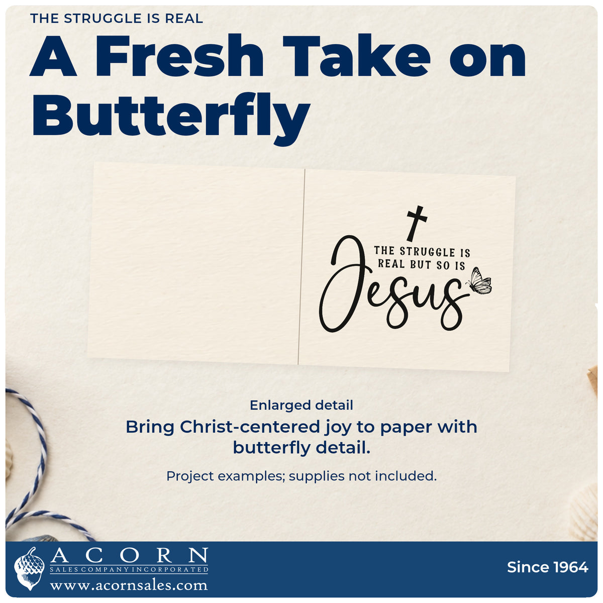 Enlarged detail of the The Struggle Is Real But So Is Jesus Hand Stamp – Duo imprint. A cross and butterfly accompany "The struggle is real but so is Jesus," with "Jesus" in large script.