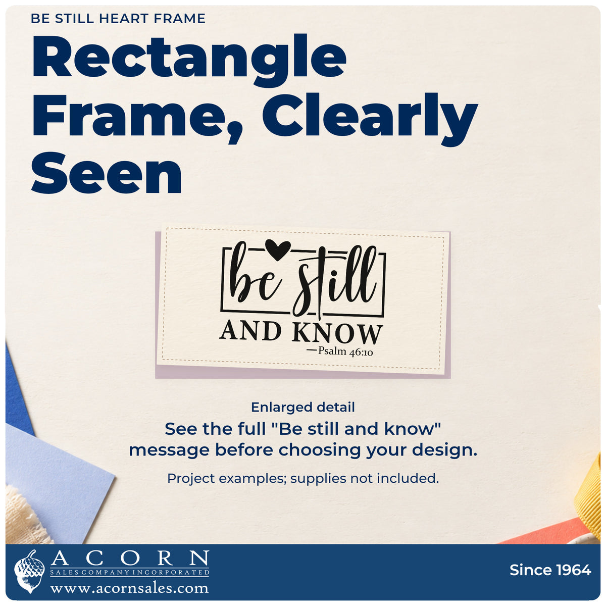 Enlarged detail of the Be Still Heart Framed Lettering Stamp – Self-Inking imprint. A rectangular outline and heart accent "Be still and know," with Psalm 46:10 below.