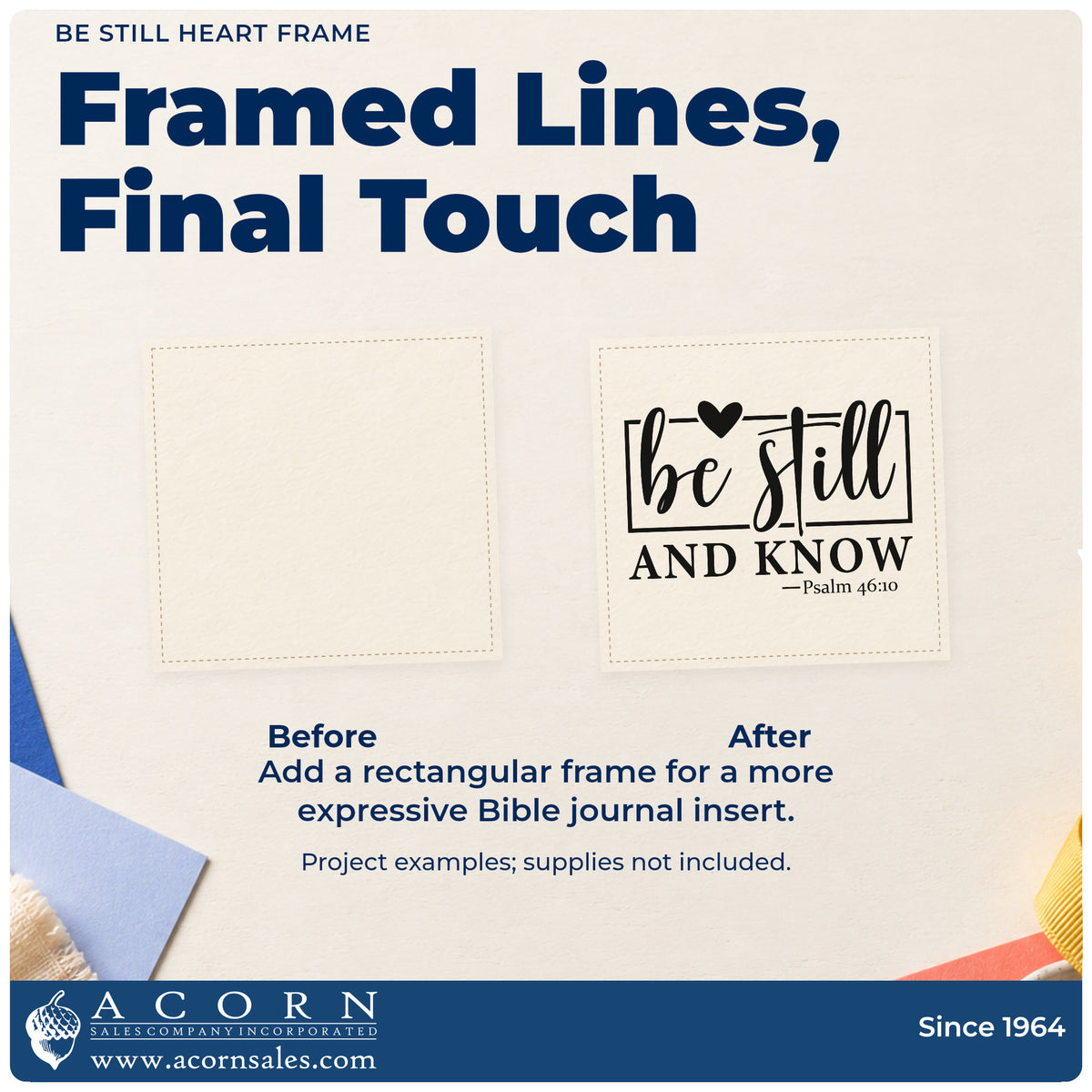 Before and after of a plain item finished with the Be Still Heart Framed Lettering Rubber Stamp – Wood Handle, a quick upgrade for burnout notes.
