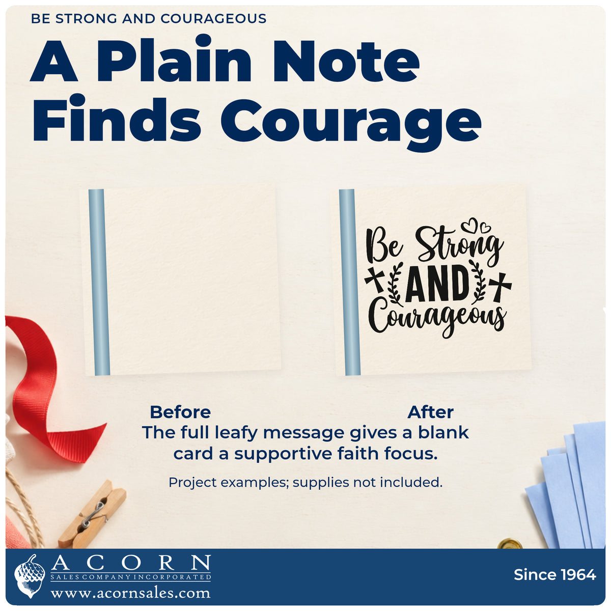 Before and after of a plain item finished with the Be Strong And Courageous Pre-Inked Stamp – PSI, a quick upgrade for surgery prep tags.