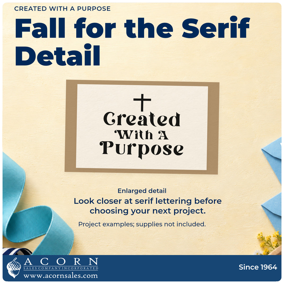 Enlarged detail of the Created With A Purpose Cross Accent Pre-Inked Stamp – PSI imprint. A small cross tops three lines of bold serif lettering reading "Created with a purpose."