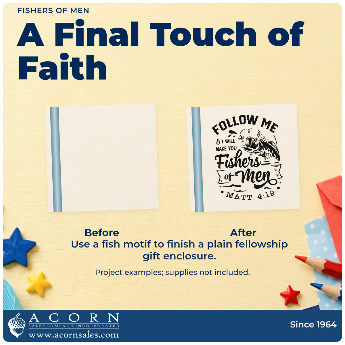 Before and after of a plain item finished with the Fishers Of Men PSI Pre-Inked Stamp, a quick upgrade for evangelism cards.
