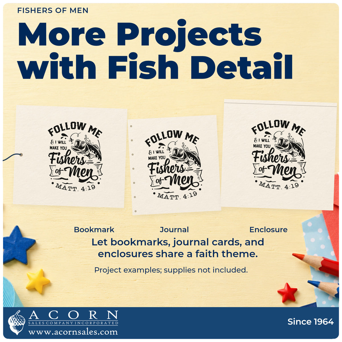Three project examples made with the Fishers Of Men Hand Stamp – Duo, including fishing trip pages.