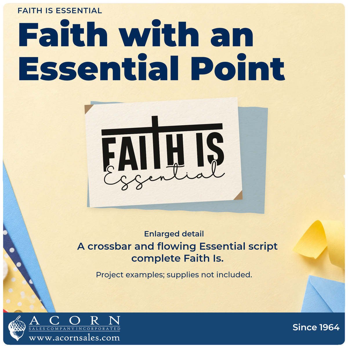 Enlarged detail of the Duo Hand Essential Faith Crossbar Lettering Rubber Stamp imprint. Bold "Faith is" lettering sits beneath a crossbar, with "Essential" in flowing script below.