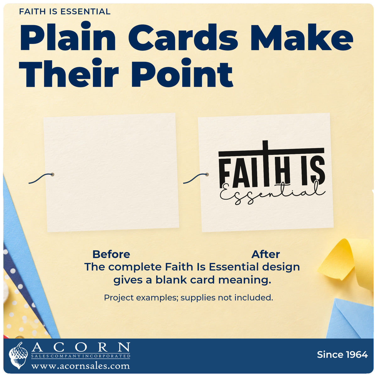 Before and after of a plain item finished with the Essential Faith Crossbar Lettering Wood Handle Stamp, a quick upgrade for kraft gift bags.
