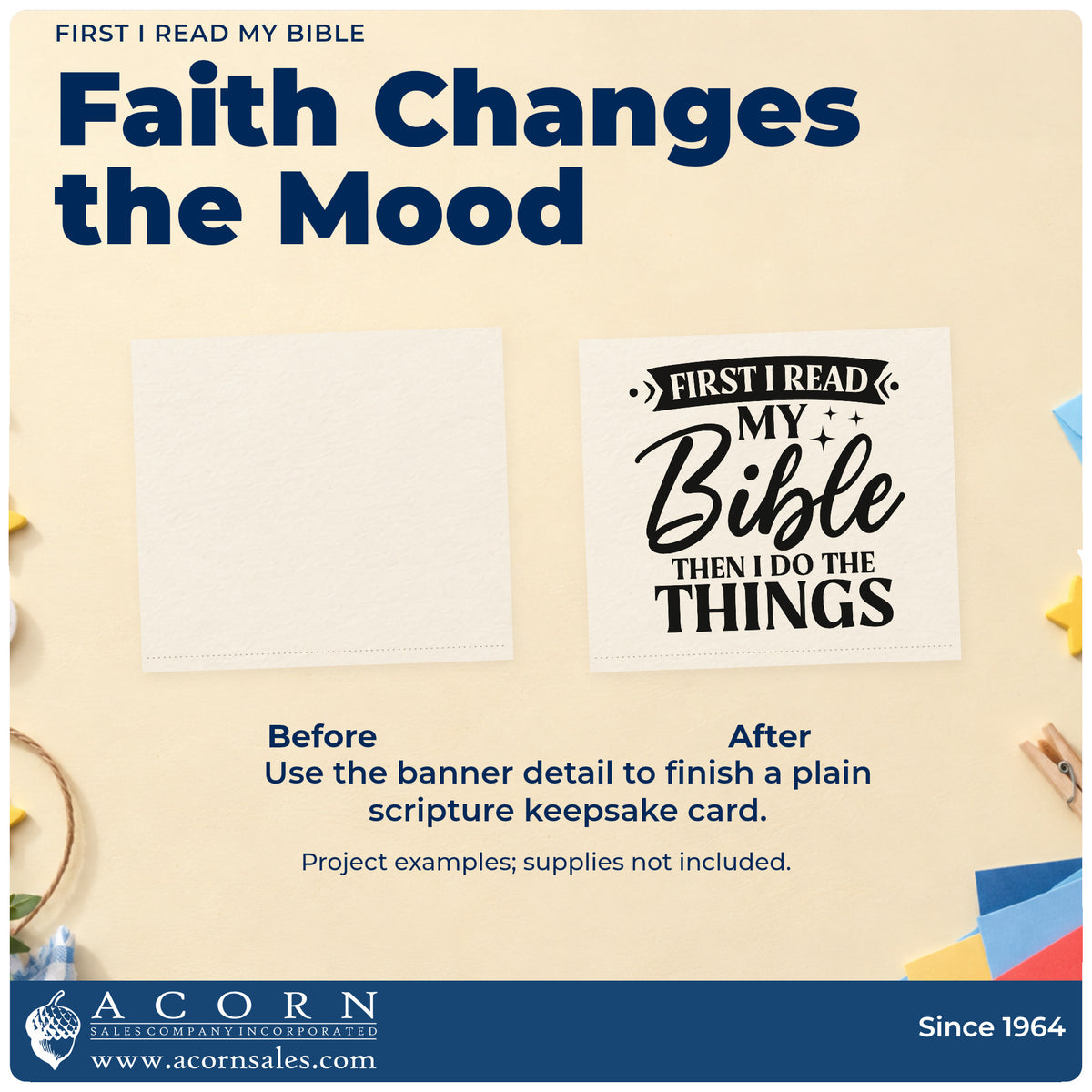 Before and after of a plain item finished with the First I Read My Bible, Then I Do The Things Premium Wood-Mounted Stamp - Vintage Pro, a quick upgrade for women's retreat favors.