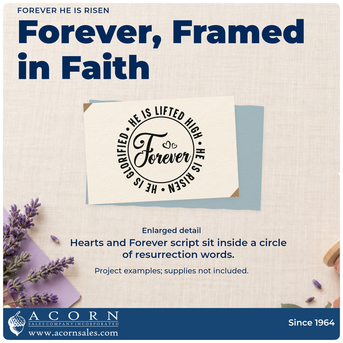 Enlarged detail of the Premium Wooden Forever He Is Risen With Hearts Stamp - Vintage Pro imprint. A circular border reading "He is lifted high, he is risen, he is glorified" surrounds "Forever" script and hearts.