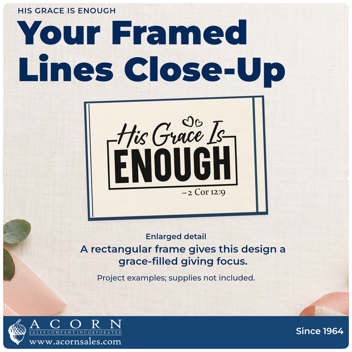 Enlarged detail of the His Grace Is Enough With Hearts Stamp – Self-Inking imprint. A rectangular outline frames "His grace is enough," with hearts and 2 Corinthians 12:9.