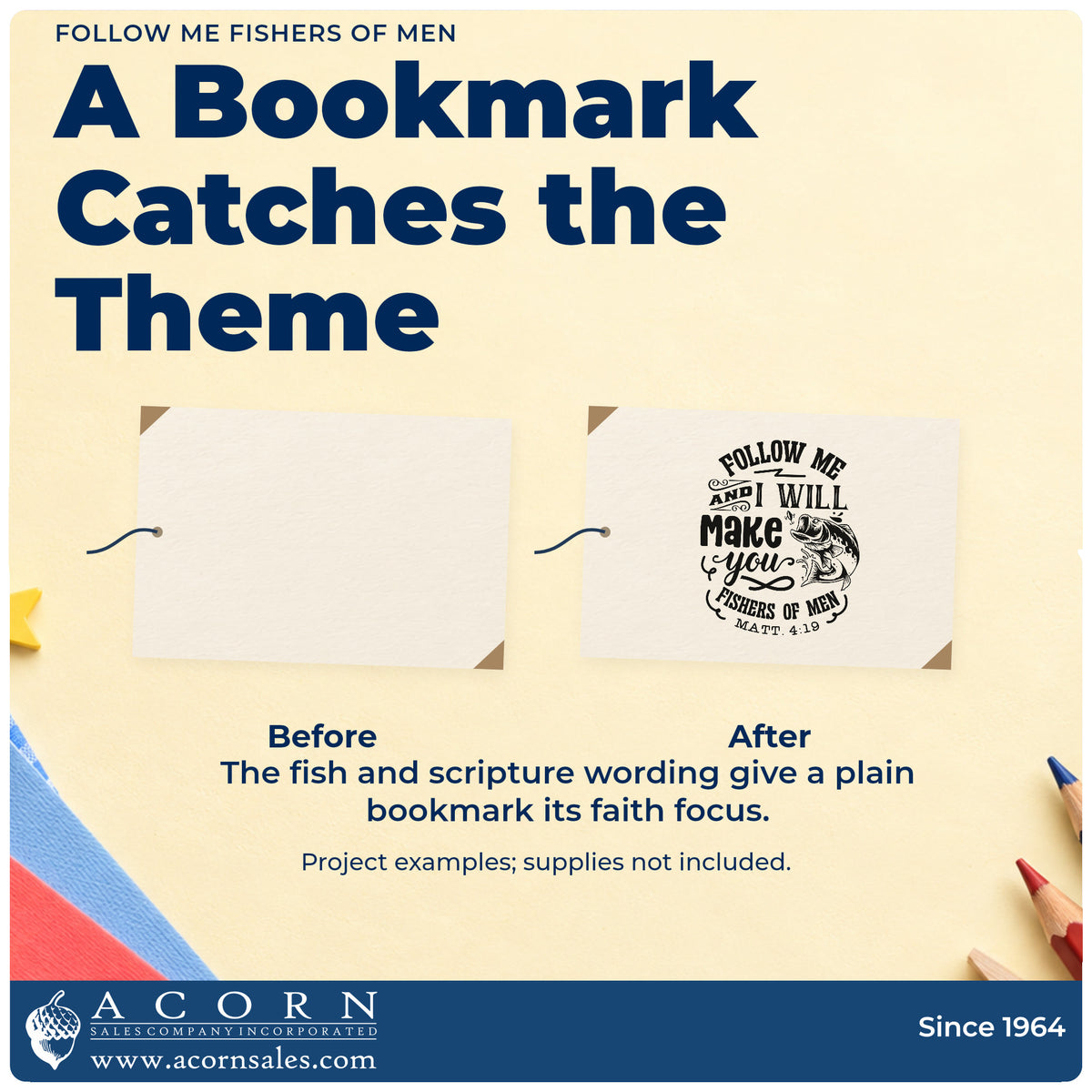 Before and after of a plain item finished with the Follow Me And I Will Make You Fishers Of Men Premium Wooden Stamp - Vintage Pro, a quick upgrade for grandpa gift tags.