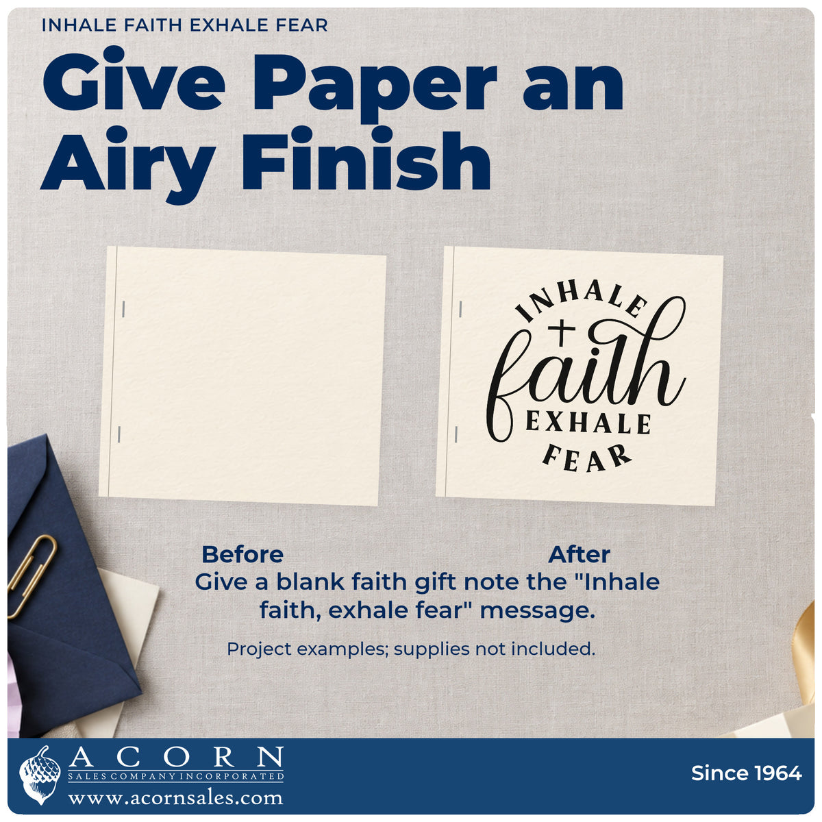 Before and after of a plain item finished with the Inhale Faith Exhale Fear Rubber Stamp – Duo Hand, a quick upgrade for canvas totes.