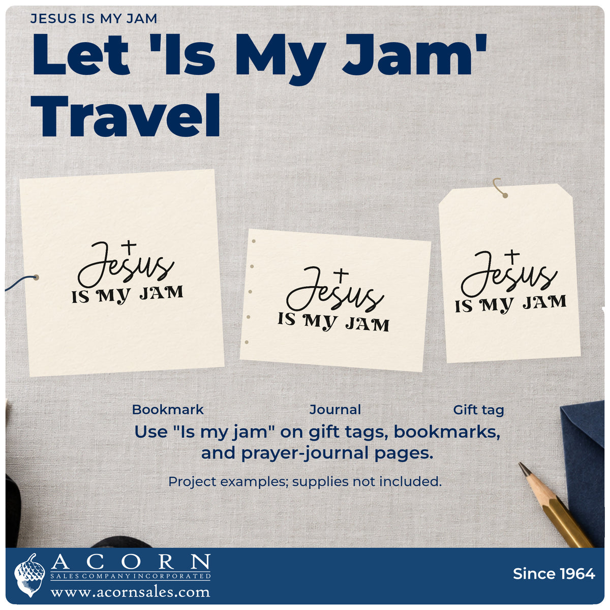 Three project examples made with the Jesus Is My Jam Compact Pre-Inked Stamp – Slim, including concert scrapbooks.