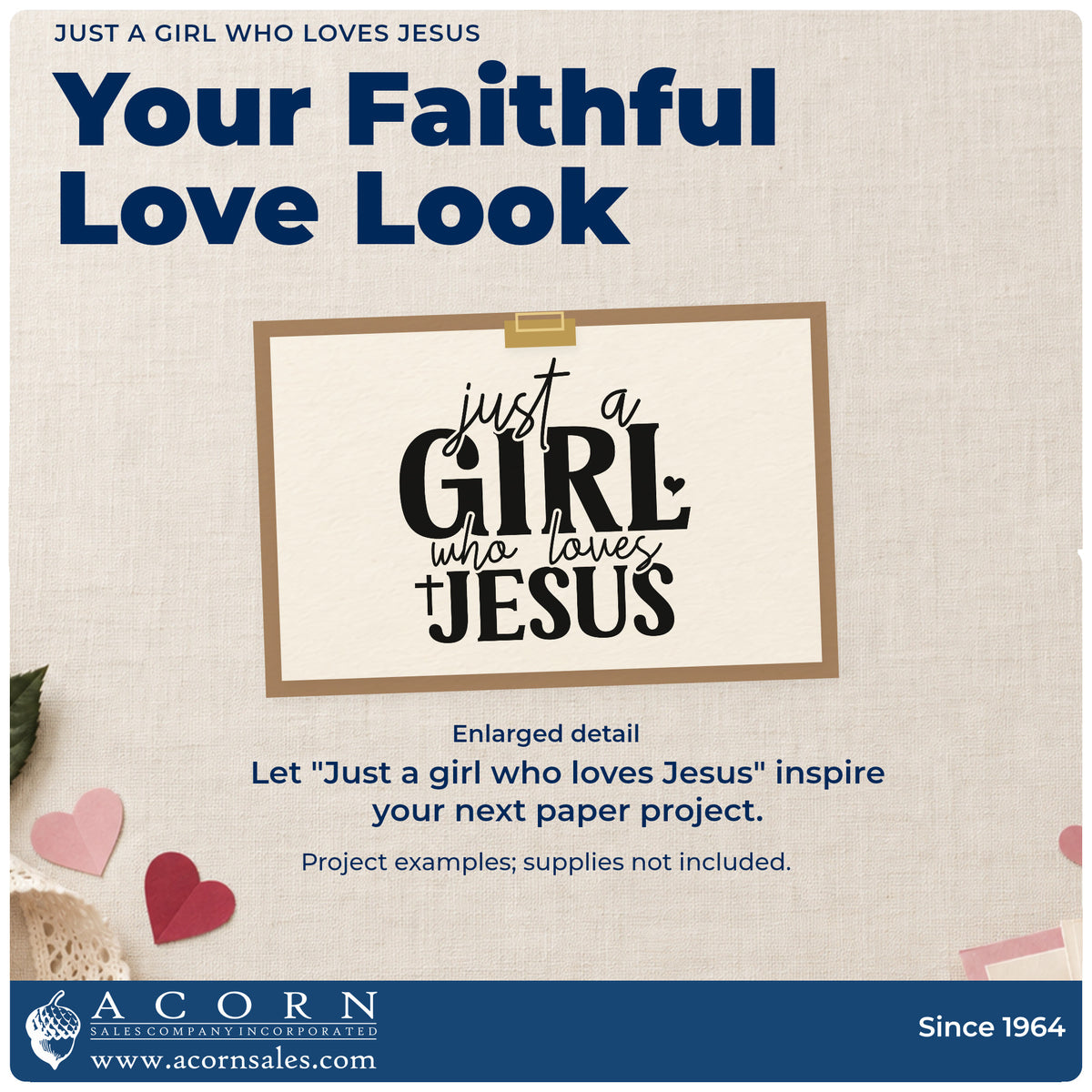 Enlarged detail of the Just A Girl Who Loves Jesus Self-Inking Craft Stamp imprint. Mixed lettering reads "Just a girl who loves Jesus," with a cross and small hearts.