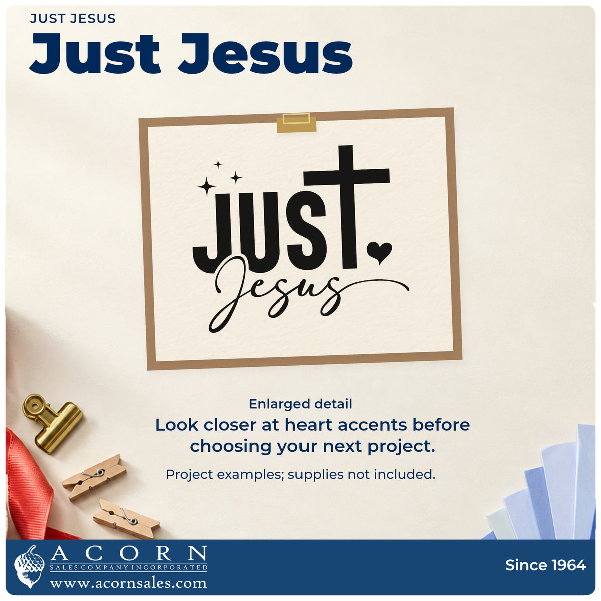 Enlarged detail of the Just Jesus With Cross PSI Pre-Inked Stamp imprint. A cross extends above bold "Just," with "Jesus" in script and heart and sparkle accents.
