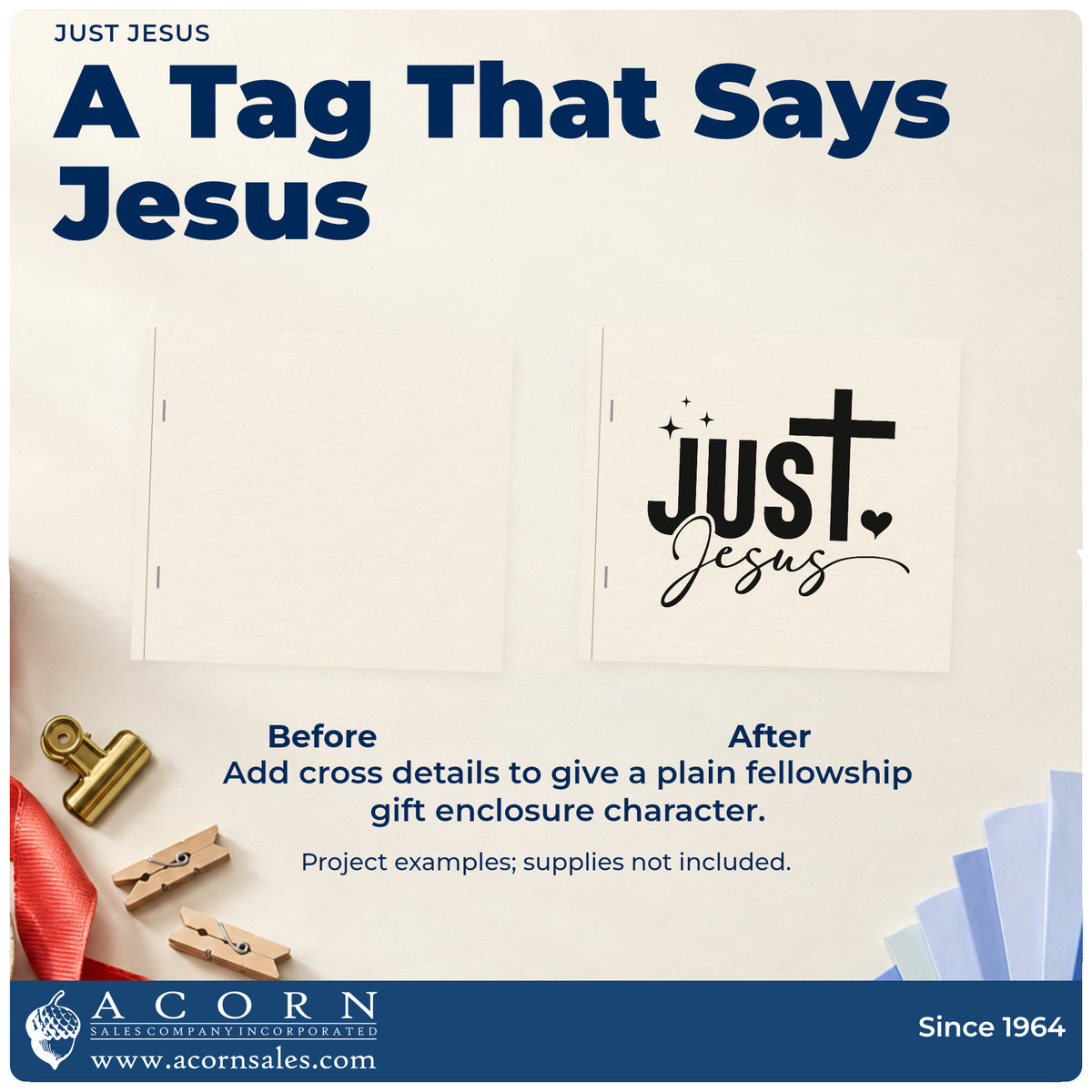 Before and after of a plain item finished with the Just Jesus With Cross PSI Pre-Inked Stamp, a quick upgrade for envelope seals.