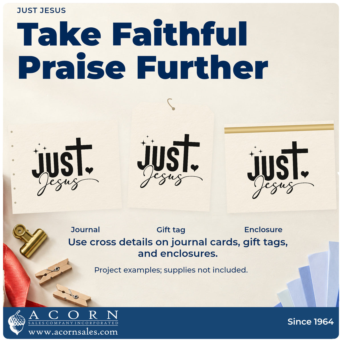 Three project examples made with the Just Jesus With Cross PSI Pre-Inked Stamp, including faith title blocks.
