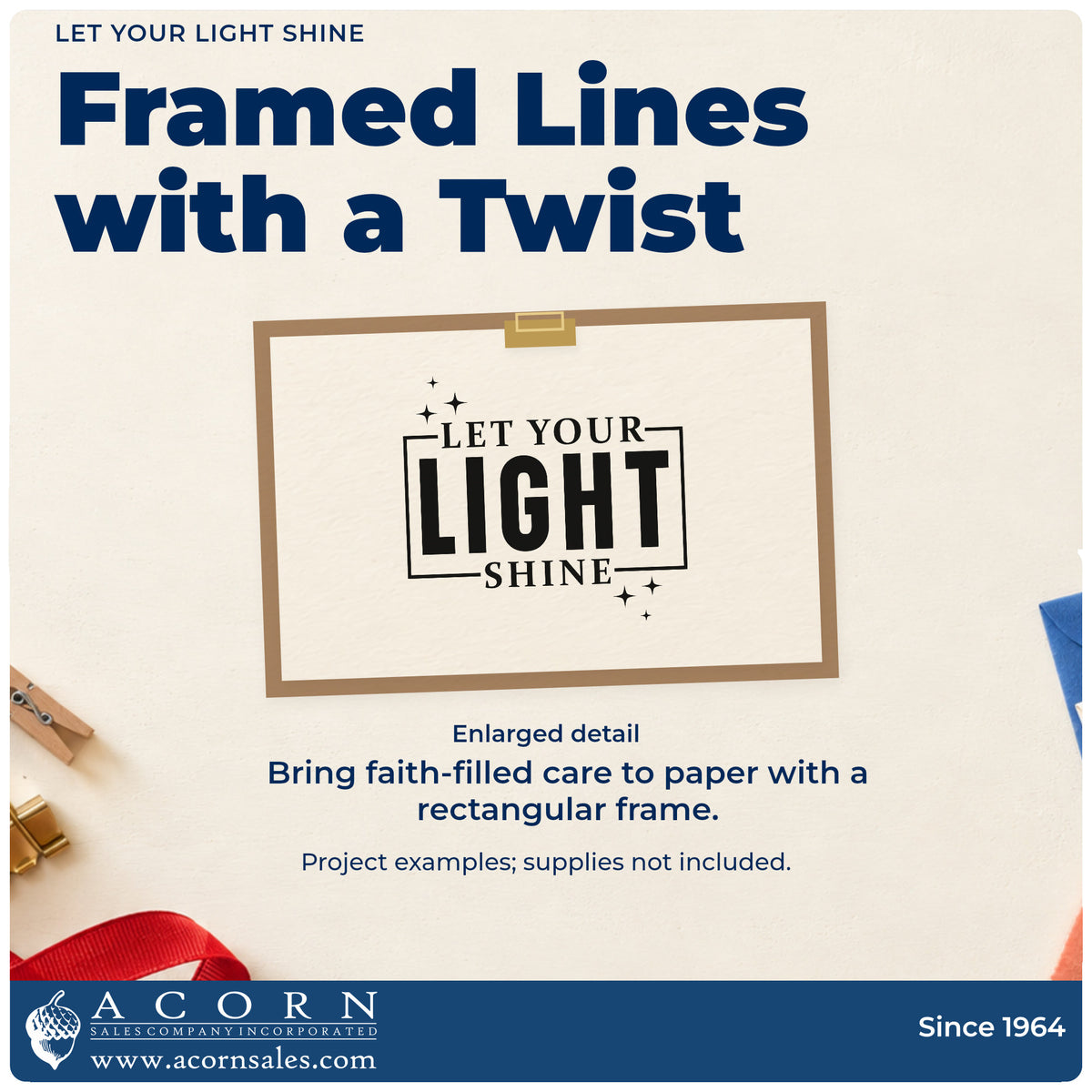 Enlarged detail of the Self-Inking Let Your Light Shine Stamp imprint. A partial rectangular frame and sparkles surround "Let your light shine," emphasizing "Light."