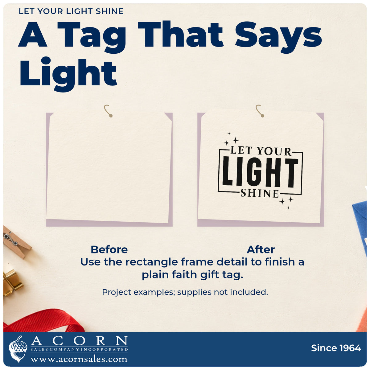 Before and after of a plain item finished with the Let Your Light Shine Stamp – Duo Hand, a quick upgrade for luminary bags.