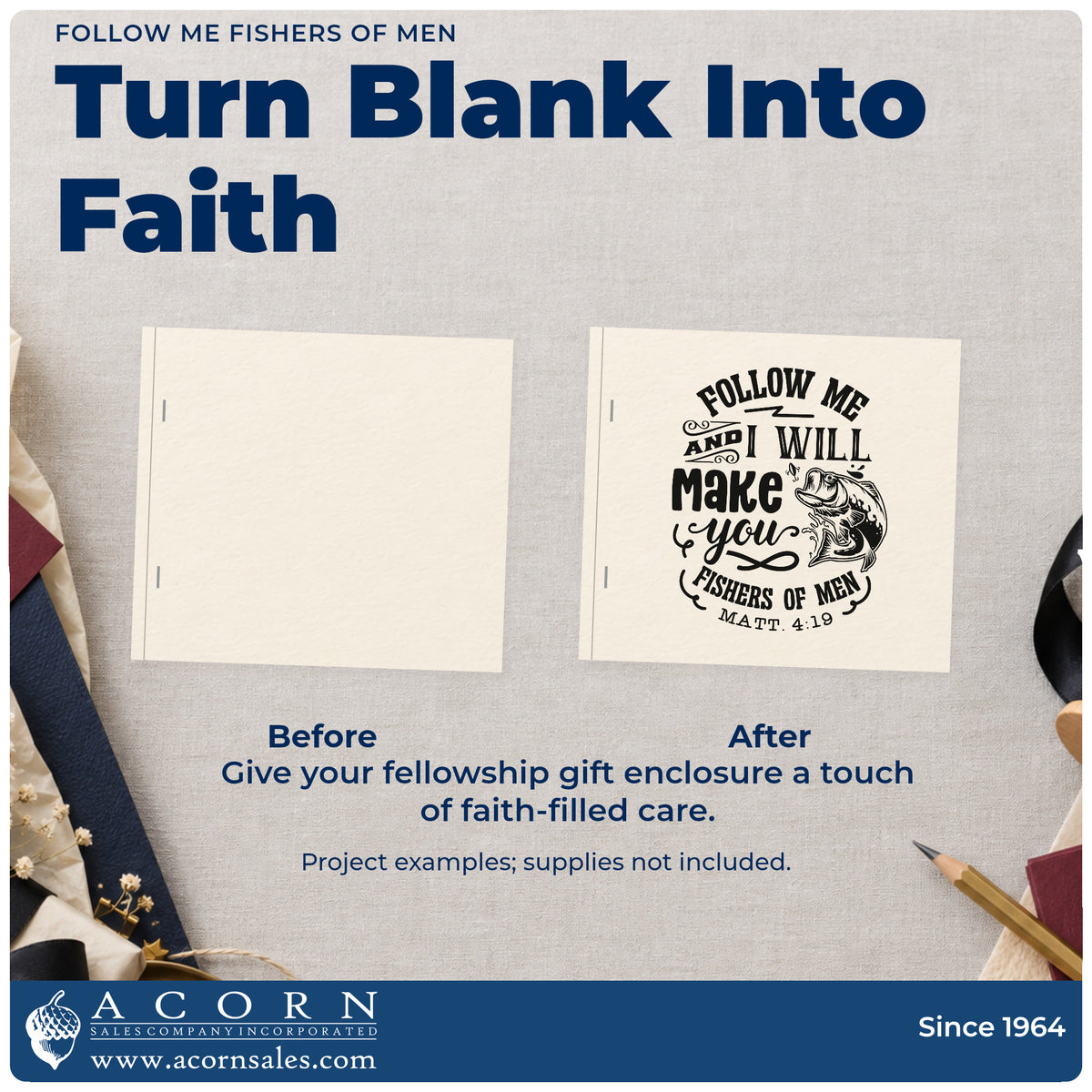 Before and after of a plain item finished with the Follow Me Fishers Of Men Stamp – Self-Inking, a quick upgrade for retirement gifts.