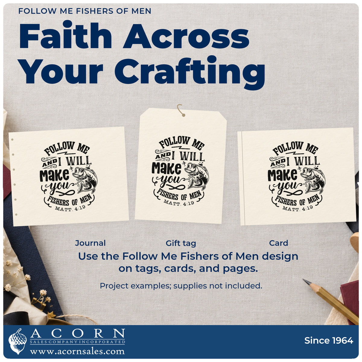 Three project examples made with the Follow Me Fishers Of Men Stamp – Self-Inking, including fishing trip pages.