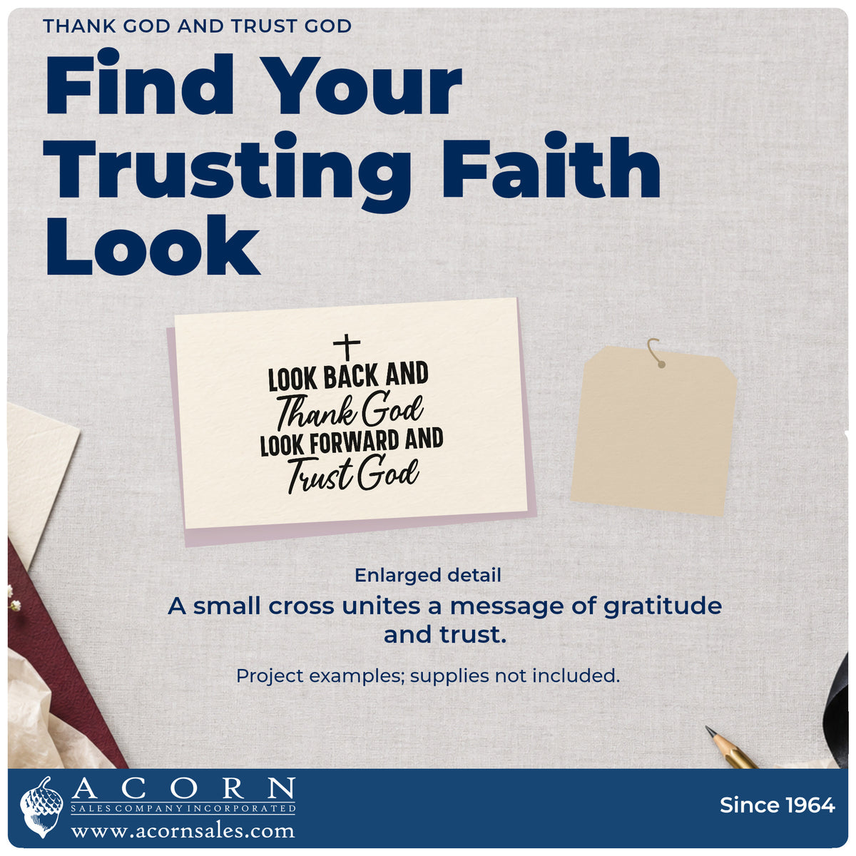 Enlarged detail of the Duo Hand Look Back And Thank God, Look Forward And Trust God With Cross Rubber Stamp imprint. A small cross tops "Look back and thank God, look forward and trust God."