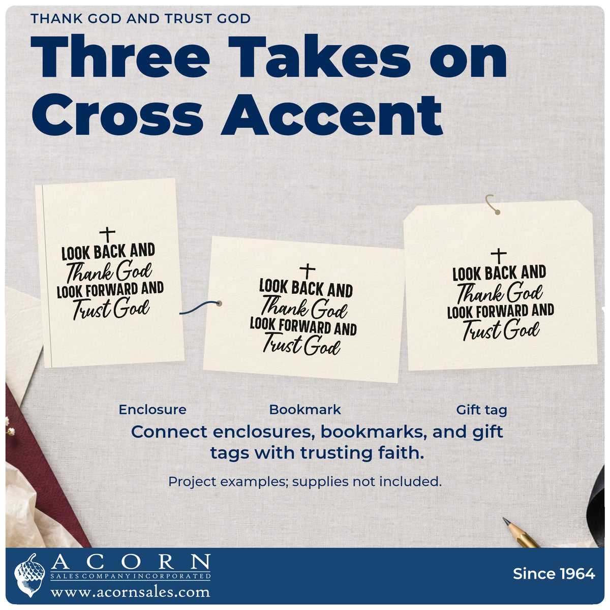 Three project examples made with the Duo Hand Look Back And Thank God, Look Forward And Trust God With Cross Rubber Stamp, including year in review pages.