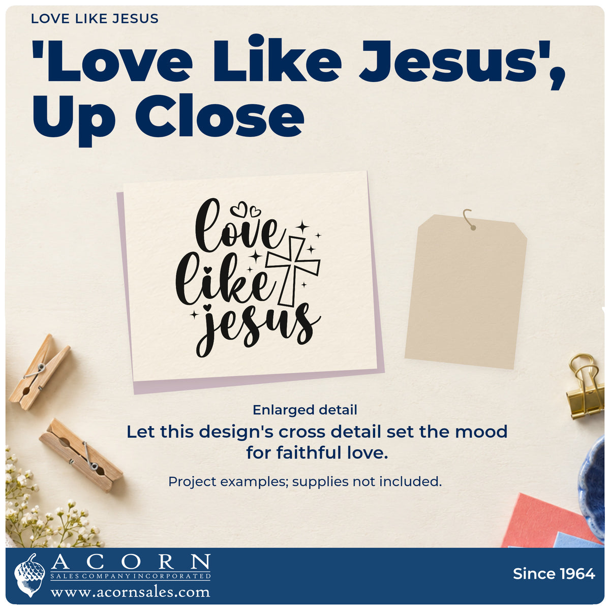 Enlarged detail of the Love Like Jesus Slim Pre-Inked Stamp imprint. Flowing "Love like Jesus" lettering is accented with an outlined cross, hearts, and sparkles.