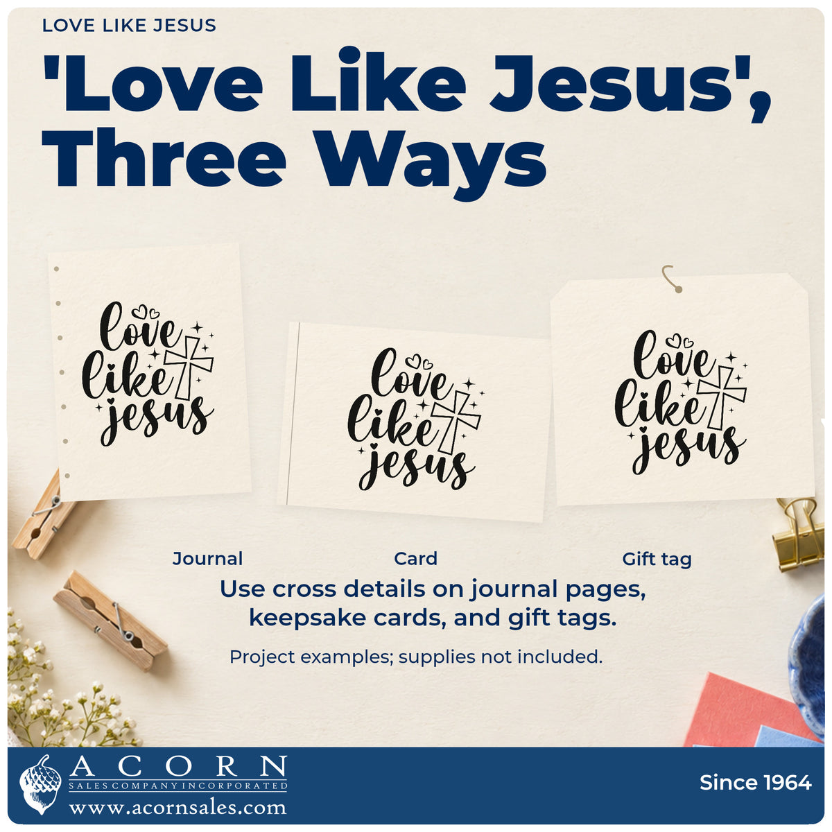 Three project examples made with the Love Like Jesus Slim Pre-Inked Stamp, including service day pages.