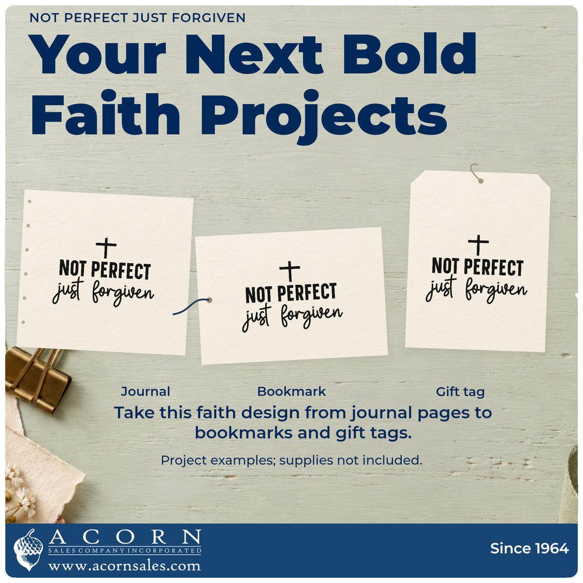 Three project examples made with the Not Perfect, Just Forgiven With Cross Wood-Mounted Rubber Stamp, including imperfect family pages.