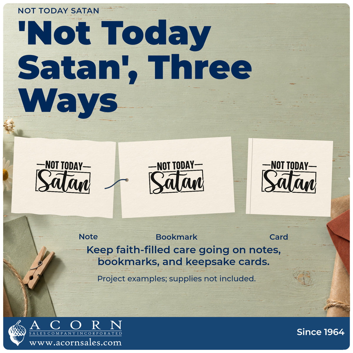 Three project examples made with the Not Today Satan Wood Handle Stamp, including victory pages.
