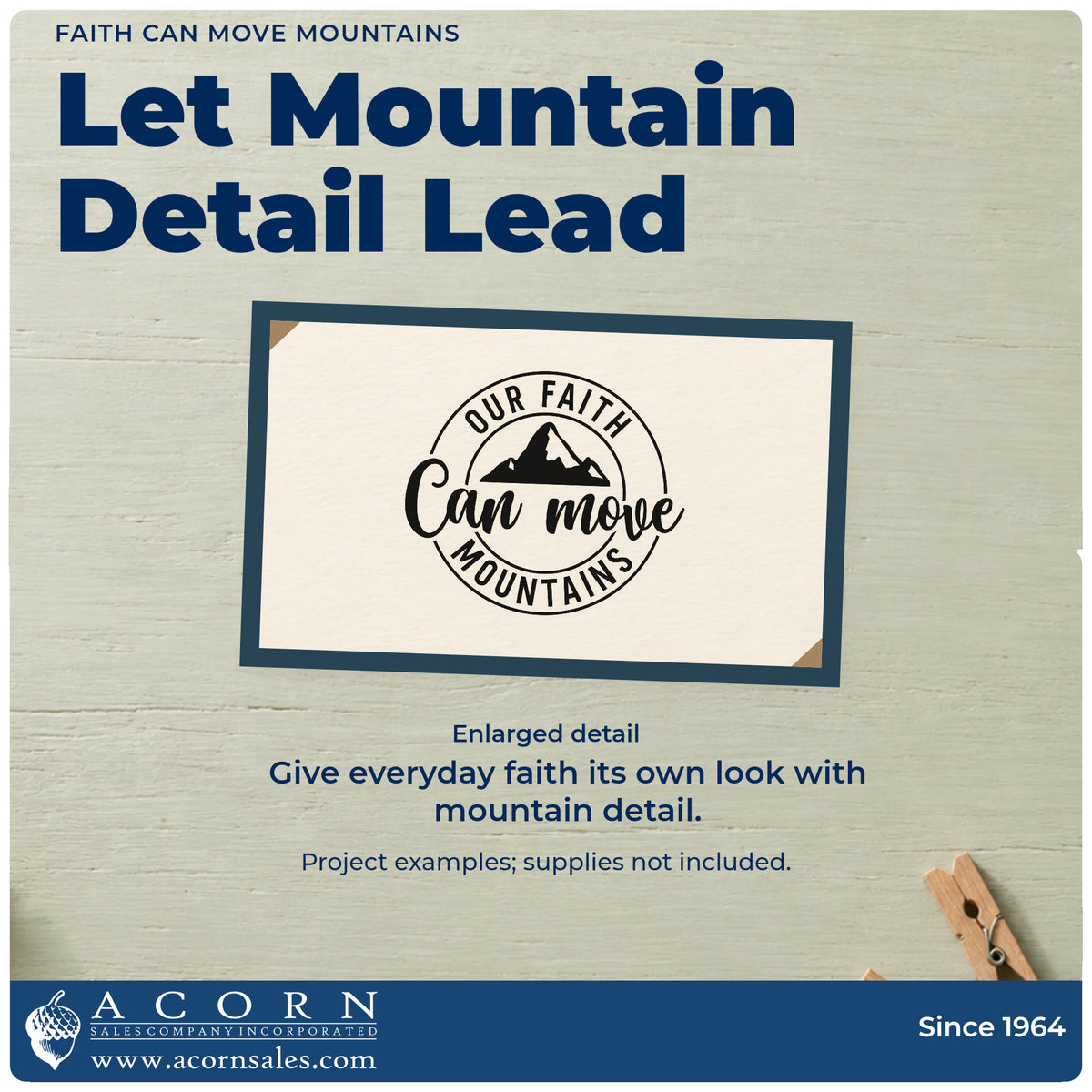 Enlarged detail of the Our Faith Can Move Mountains Circular Layout Stamp - Premium Vintage Pro Wooden imprint. A mountain silhouette sits inside a circular "Our faith can move mountains" design.
