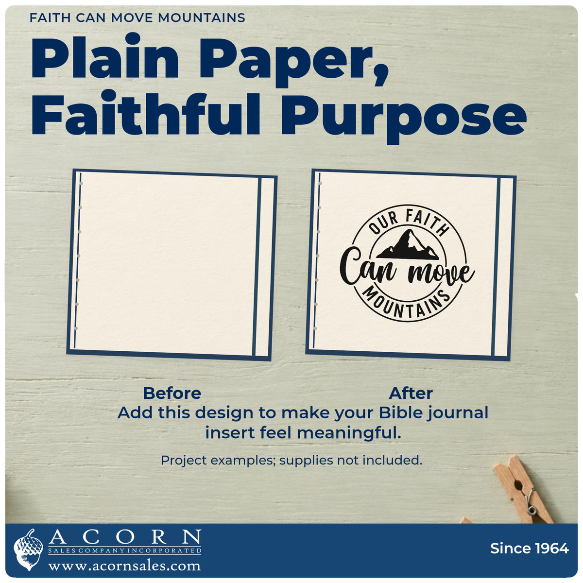 Before and after of a plain item finished with the Our Faith Can Move Mountains Circular Layout PSI Pre-Inked Stamp, a quick upgrade for coasters.