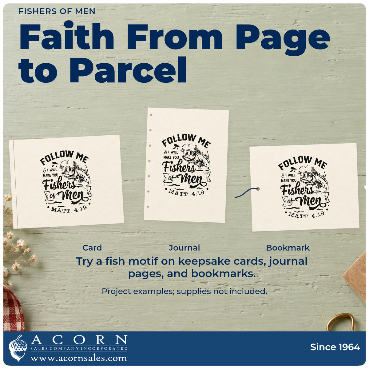 Three project examples made with the Follow Me & I Will Make You Fishers Of Men Leaping Fish Stamp – PSI Pre-Inked, including lake day pages.