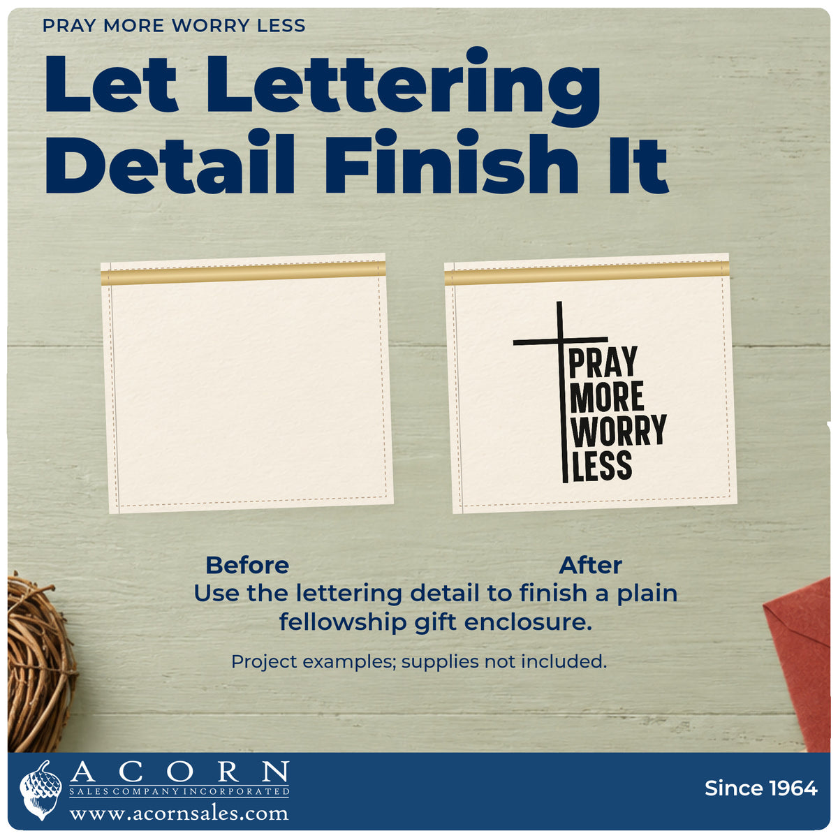 Before and after of a plain item finished with the Pray More, Worry Less Cross Accent Self-Inking Stamp, a quick upgrade for grandparent gifts.