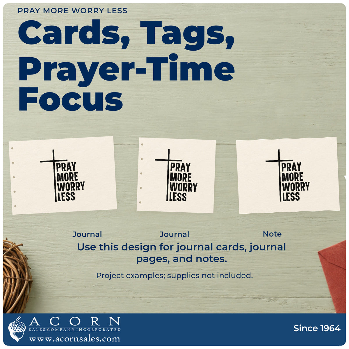 Three project examples made with the Pray More, Worry Less Cross Accent Self-Inking Stamp, including calm season pages.