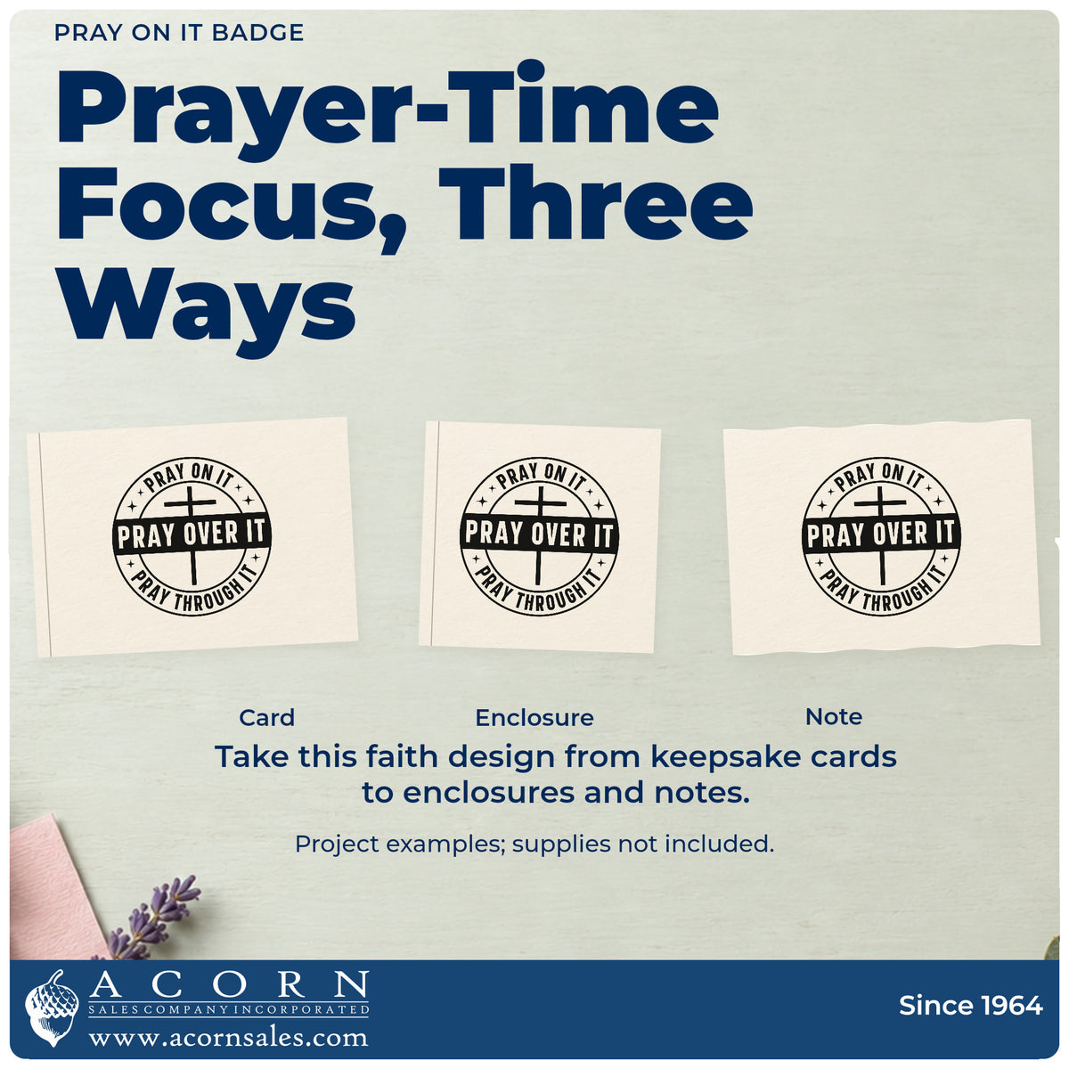 Three project examples made with the Pray On It Badge Premium Wooden Stamp - Vintage Pro, including decision pages.