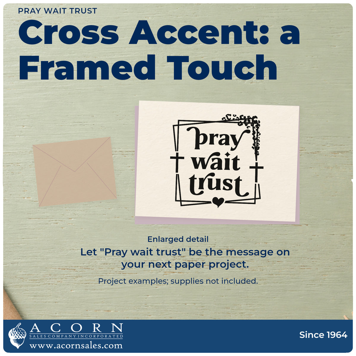 Enlarged detail of the Pray Wait Trust Premium Wood-Mounted Stamp - Vintage Pro imprint. Leafy corners, small crosses, and a heart accent "Pray wait trust" inside overlapping rectangular frames.
