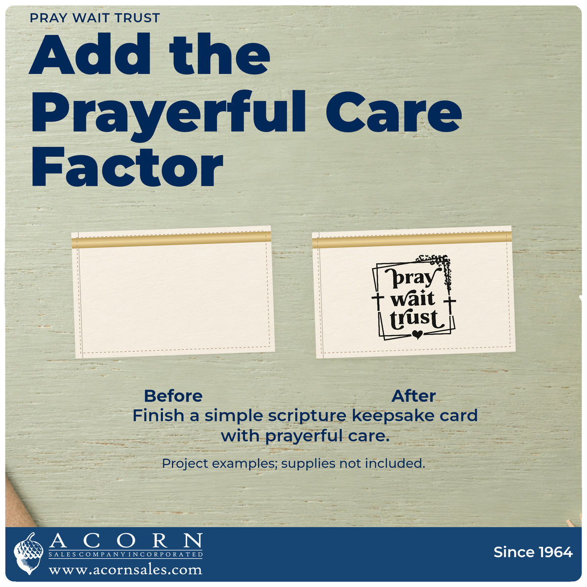 Before and after of a plain item finished with the Pray Wait Trust Stamp – Wood Handle, a quick upgrade for fertility journey notes.