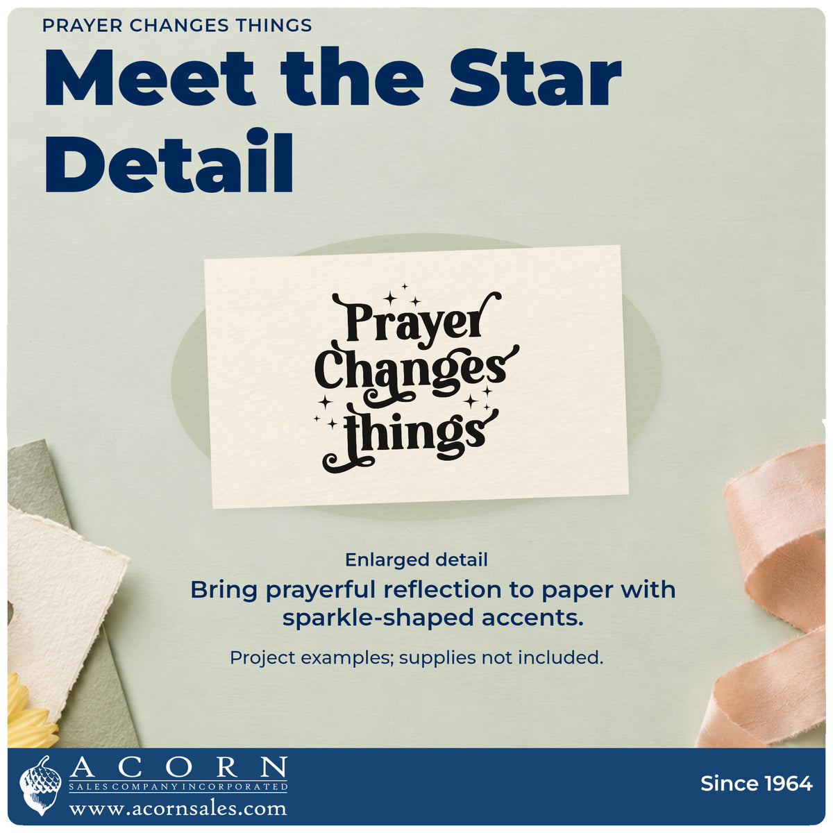 Enlarged detail of the Premium Wooden Prayer Changes Things With Sparkles Stamp - Vintage Pro imprint. Decorative serif lettering reads "Prayer changes things," surrounded by small sparkles.