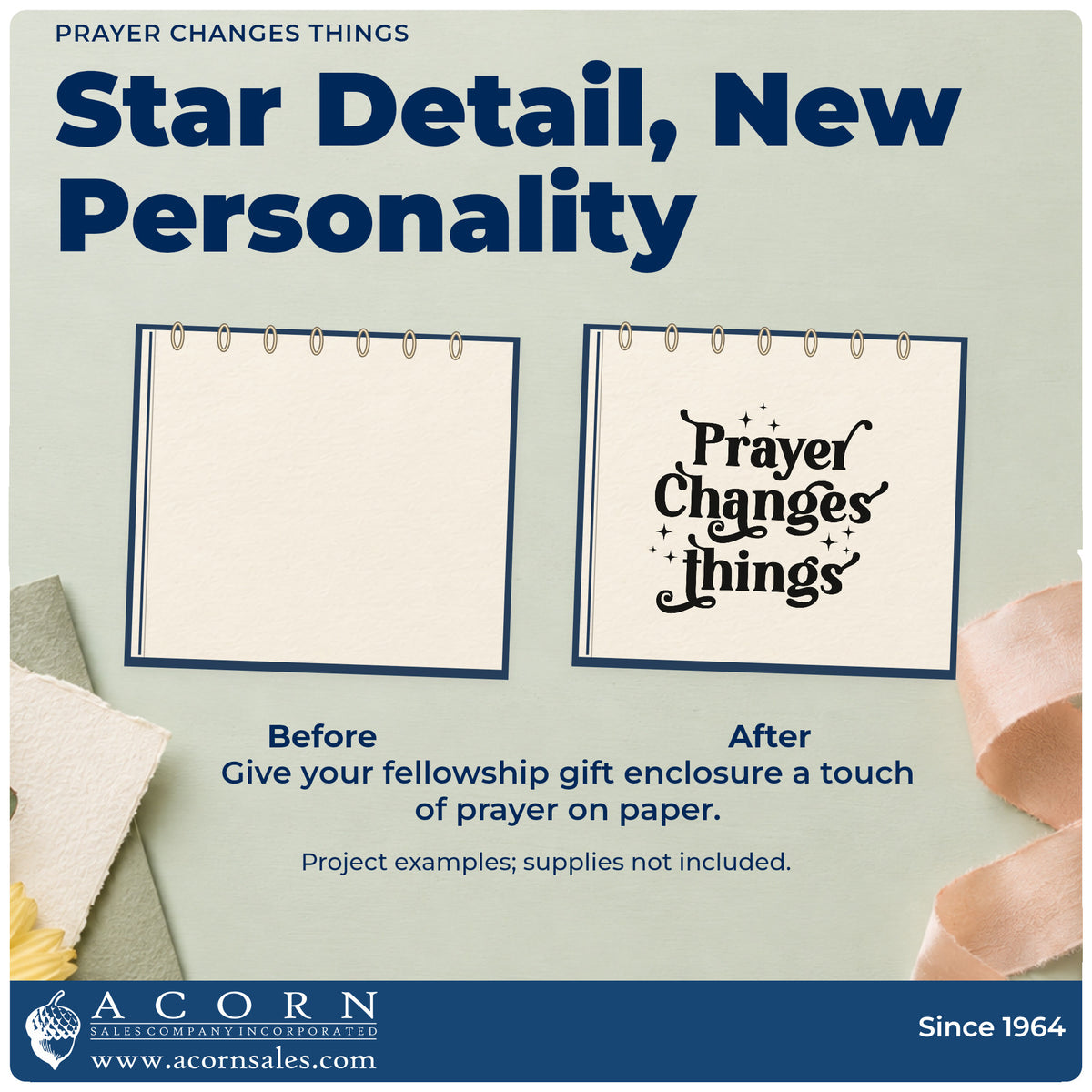 Before and after of a plain item finished with the PSI Pre-Inked Prayer Changes Things With Sparkles Stamp, a quick upgrade for bulletin board headers.