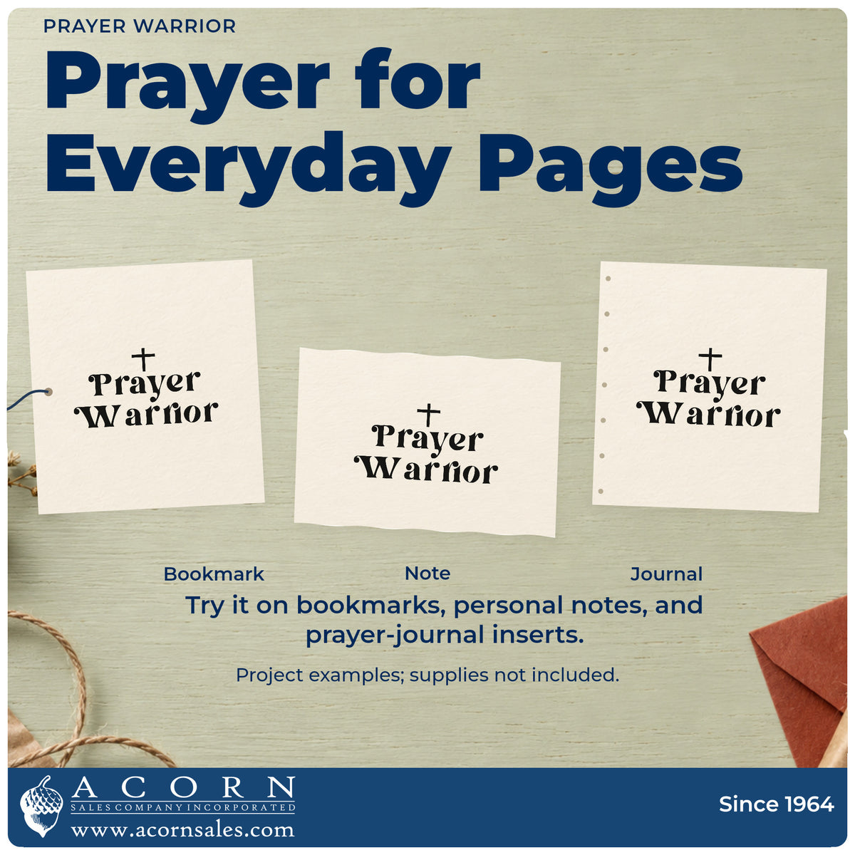Three project examples made with the Prayer Warrior Cross Accent Self-Inking Craft Stamp, including legacy pages.