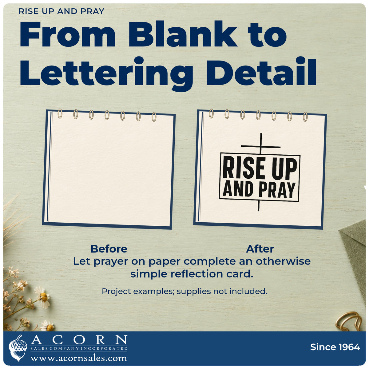 Before and after of a plain item finished with the Vintage Pro Rise Up And Pray Premium Wooden Stamp, a quick upgrade for national prayer day signs.