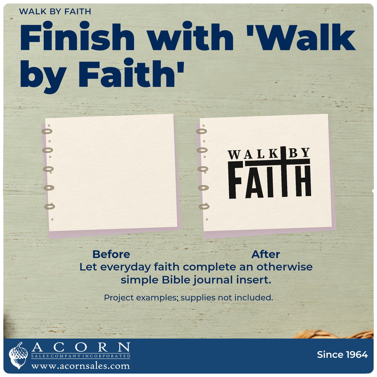 Before and after of a plain item finished with the Walk By Faith Slim Pre-Inked Stamp, a quick upgrade for hiking boot gifts.