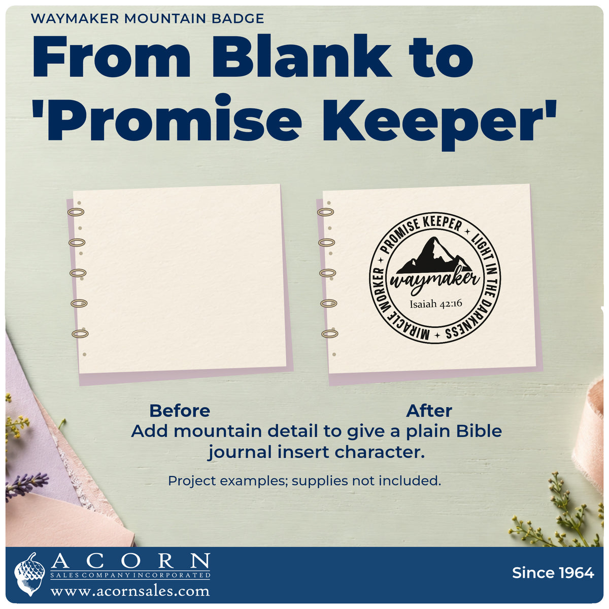 Before and after of a plain item finished with the Waymaker Mountain Emblem Hand Stamp – Duo, a quick upgrade for coasters.
