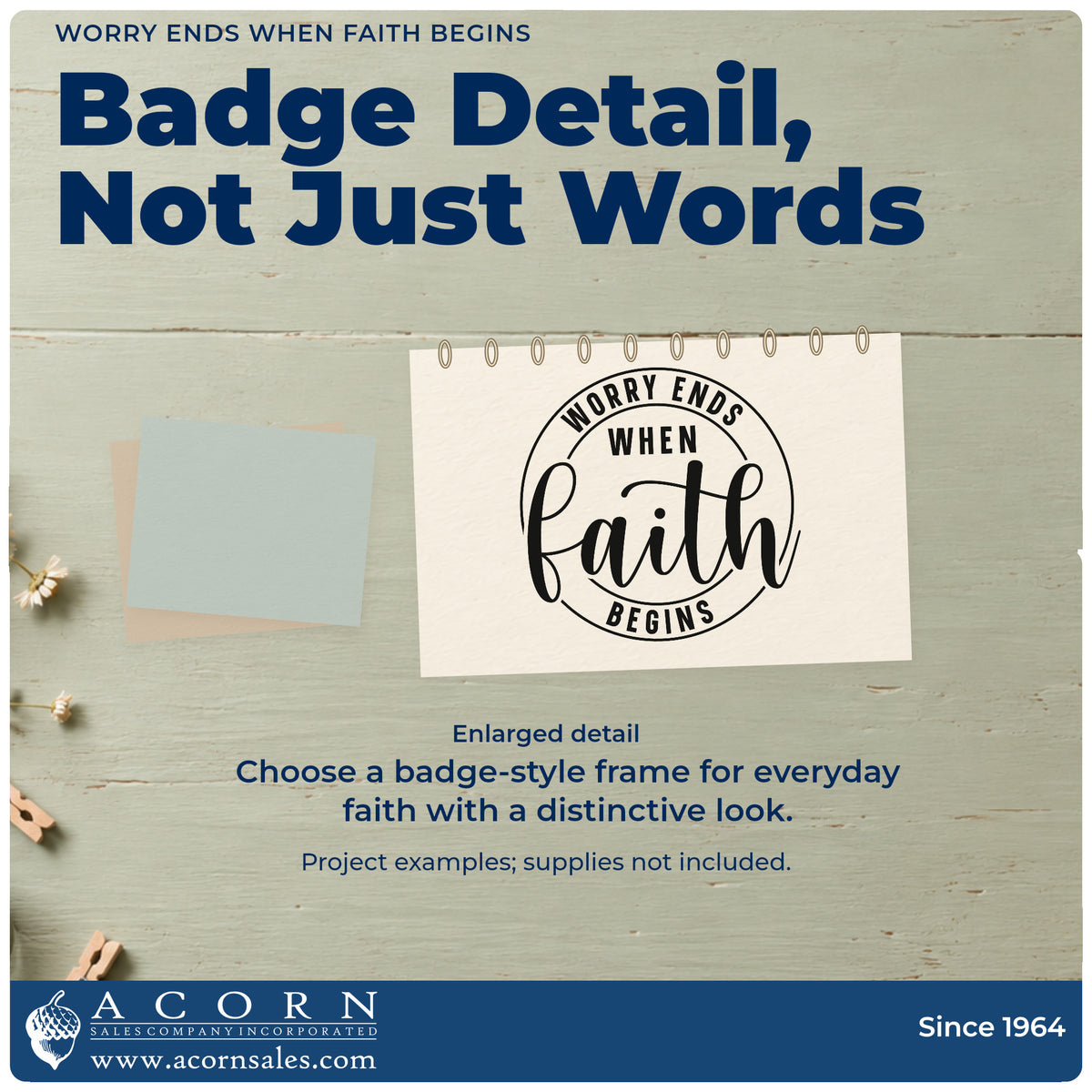 Enlarged detail of the Worry Ends When Faith Begins Premium Wooden Stamp - Vintage Pro imprint. A circular outline frames "Worry ends when faith begins," with "Faith" in large script.