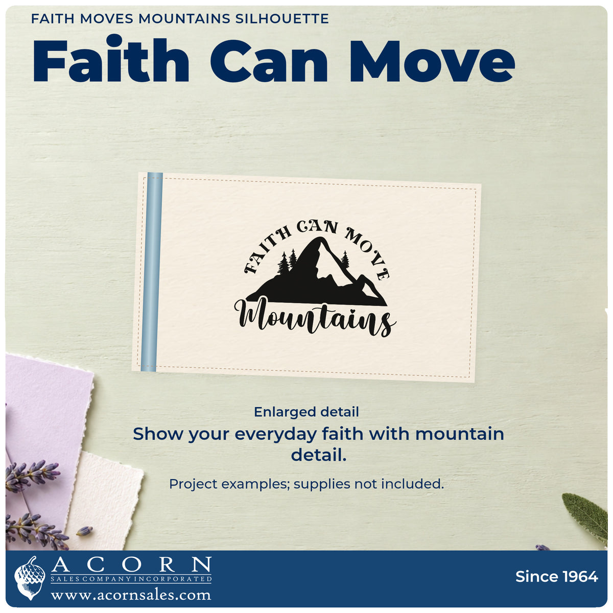 Enlarged detail of the Faith Moves Mountains Silhouette Tree Motif Wood-Mounted Rubber Stamp imprint. A mountain silhouette and trees sit between arched "Faith can move" and large "Mountains" script.