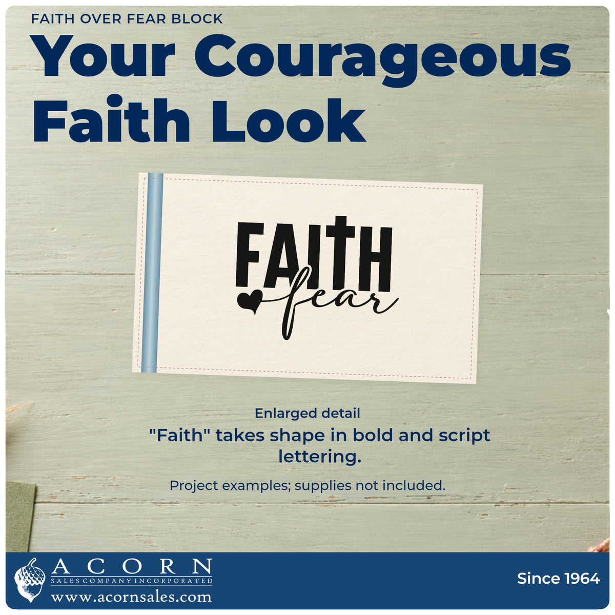 Enlarged detail of the Faith Over Fear Block Rubber Stamp – Wood Handle imprint. Bold "Faith" incorporates a cross above "Fear" script, with a small solid heart.